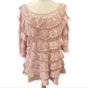 Denim 24/7 Wmns 3X Pink Crochet Open Knit Loose Fit Ruffle Tiered Sweater Top
